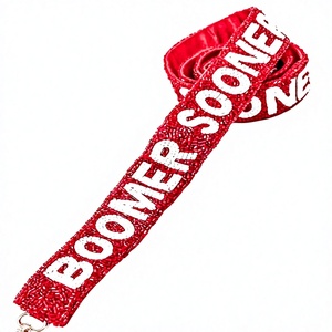 Beaded Red <b>Strap</b> Hook Vintage Fashionable Trendy Handbag Accessory with Raised Boomer Sooner Text - Product Image 1