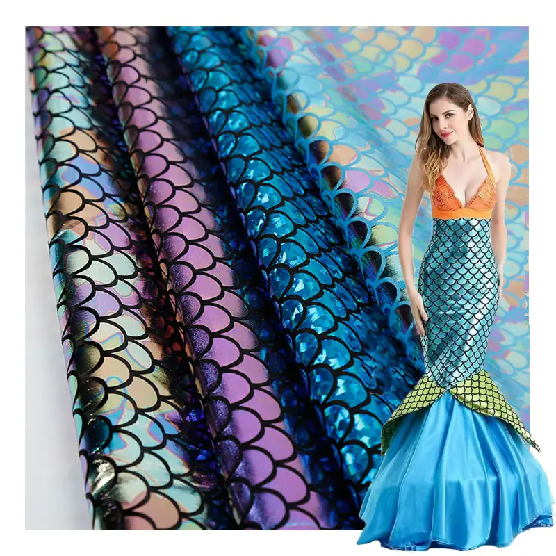iridescence Color new stretch Knit mermaid fish scaly gradient gown laser bronzing foil fabric used stage costume swimwear