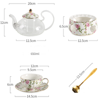 Service à thé en verre et céramique avec bougie chauffe-plat, théière chauffante avec filtre, une théière avec quatre tasses, pour le thé anglais de l'après-midi