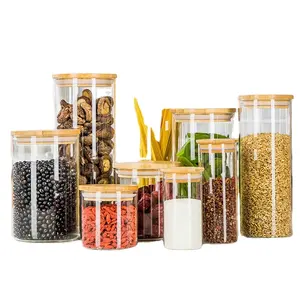 Jarra de almacenamiento de alimentos de vidrio de borosilicato con tapa de bambú, transparente y redondo, tamaño personalizado
