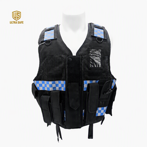 Schwarze Weste aus 100% Polyester mit blauem Gittermuster, Mesh-Einsätzen, Schulter-D-Ringen, Utility-Taschen und verstellbaren Riemen - Product Image 1