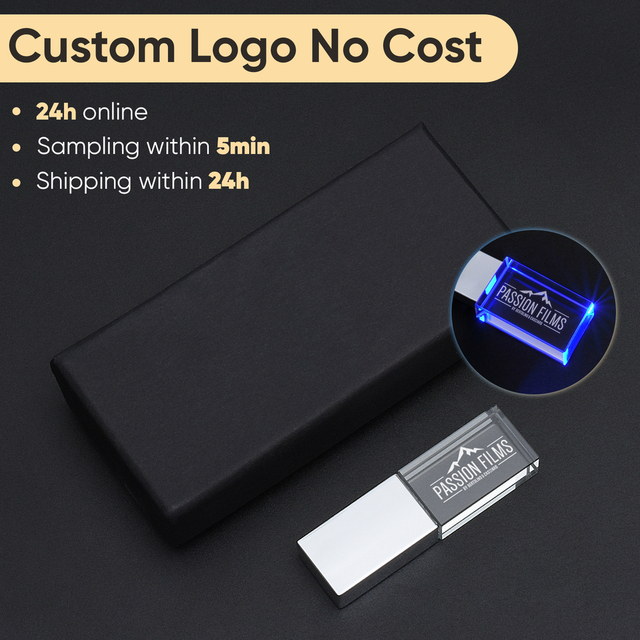 Free 3D Engraved Logo Hot Selling Crystal USB 3.0 16GB 32GB 64GB Flash Drive with Blue LED Light Wedding Gift