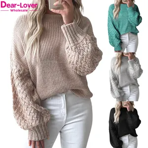 Dear-Lover OEM ODM logotipo bordado personalizado al por mayor de alta calidad Drop Shoulder Acanalado Pullover Mujeres Cable Knit Sweater