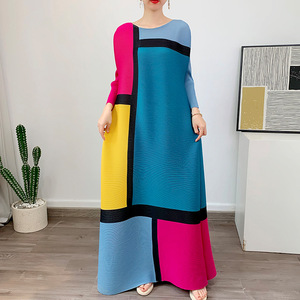 Summer Contrast <strong>Color</strong> Pleated Women's Clothing 2026 Loose Large Size Geometric <strong>Color</strong> Matching Print A-line Long Women's <strong>Dress</strong> - Product Image 1