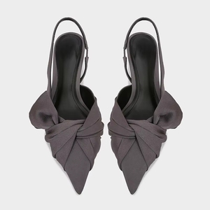 Women Stylish Pointed Toe <strong>Low</strong> <strong>Heel</strong> Slides Gray Fabric Bow Detail Open Back <strong>Sandals</strong> Casual Daily Wear <strong>Evening</strong> - Product Image 2