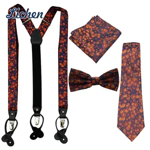 Fashion Classic Luxury Fancy Men Handkerchief Necktie Suspenders And Bow Tie Set