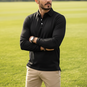 <span class=keywords><strong>Polo</strong></span> a Maniche Lunghe Nera da <span class=keywords><strong>Uomo</strong></span> con Bottoni Bianchi a Contrasto - Outfit Casual Elegante per Ambienti Naturali all'Aperto - Product Image 1