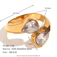 Bague ouverte à double tête goutte d'eau en zircon 18K personnalisée en acier inoxydable plaqué diamant taille ovale bijoux personnalisés uniques