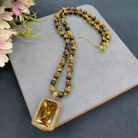 NA2010 Nouveau Design Collier Pendentif Rectangulaire en Strass et Pierre Naturelle Œil de Tigre, Long Collier Perlé, Bijoux Tendance