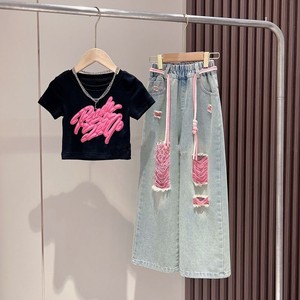 Set di Abbigliamento per Bambini Vendita Calda, Magliette a Maniche Corte con Graffiti e <span class=keywords><strong>Pantaloni</strong></span> Larghi in Denim, Completo 2 Pezzi per Ragazze Adolescenti - Product Image 1