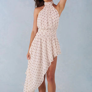 Robe mini élégante pour femme, col halter, dos nu, à pois, en mousseline, ourlet asymétrique, décontractée, sexy, pour soirée d'été - Product Image 2