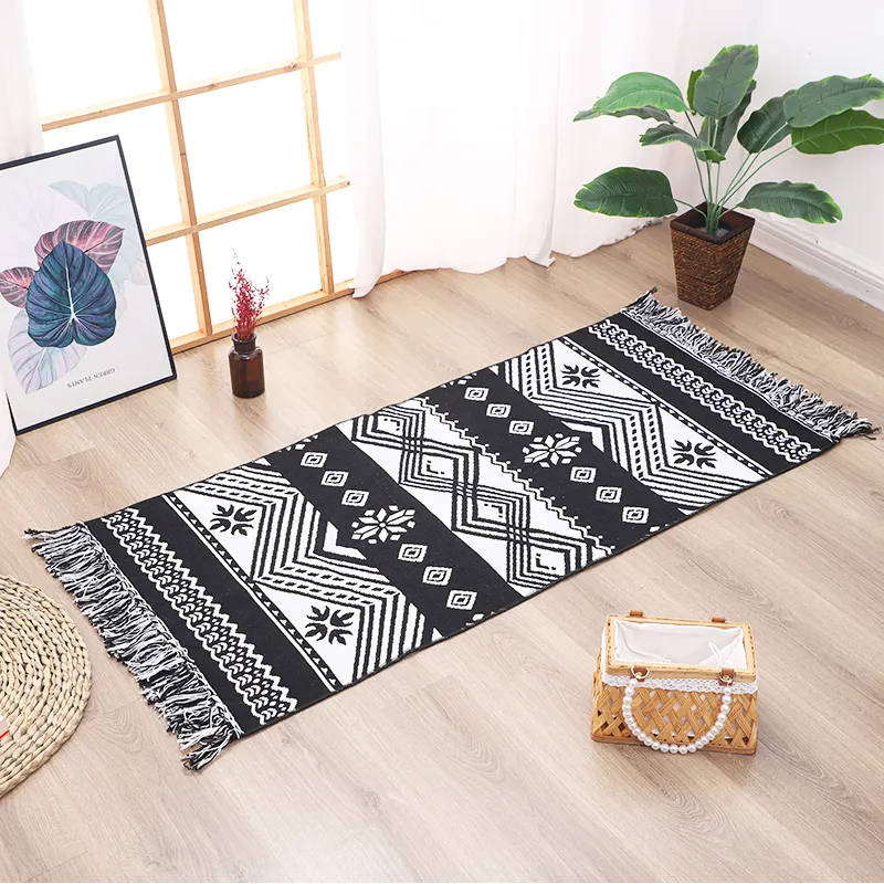 Boho Washable Double Sided Cotton Rug with Tassels Woven Rugs for Entryway Living Room Kitchen Bedroom Doormat Rugs