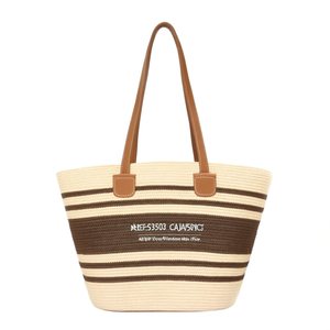 Sac fourre-tout en herbe tressée Angelina 42x28x12cm, sac de plage rayé naturel pour pique-nique - Product Image 3