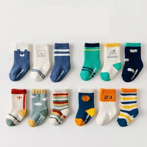 HY-1384 3 Pairs Pack Toddler socks baby colorful Anti slip animals thick Terry cotton long stocking for kids 0-5Years