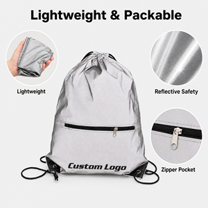 Mochila con Cordón Reflectante de Alta Visibilidad, Bolsa con Cierre y Bolsillo con Cremallera, Ligera y Plegable, para Deportes y Gimnasio, con Logotipo Personalizado - Product Image 4
