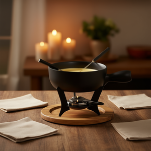 Cheese Fondue Set <b>Cast</b> Iron Wood Base 21cm Black 10 Pieces - Product Image 3