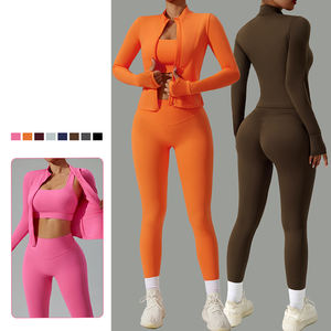 Ensemble de sport yoga moulant de haute qualité pour femme : soutien-gorge de sport, veste à col montant et pantalon push-up – Ensemble 3 pièces pour le yoga et le fitness - Product Image 1