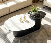 Set Meja Kopi Marmer Modern dengan Bagian Atas Kaca Tempered dan Rangka Logam Hitam Dekorasi Furnitur Ruang Tamu Kontemporer
