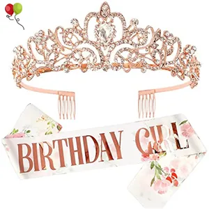 Sinh Nhật Cô Gái Tiara Sash Set Floral Birthday Party Costume Nguồn Cung Cấp Pha Lê Vương Miện Headband Sinh Nhật Nữ Hoàng Đảng Kit KD1770