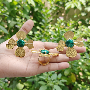 Anillo de Malaquita Natural en Forma de Flor, Chapado en Oro de 18k, Textura de Latón, Engaste de Metal, Joyería Estilo Bohemia, Anillo para Mujer - Product Image 5