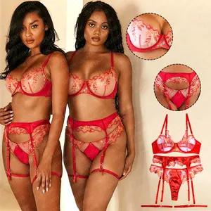 Groothandel Drie Stuk Sexy Mooie Verleiding Taille Garter Lingerie-Sexy Transparante Sets Womens Flora Lingerie Set Voor Vrouwen