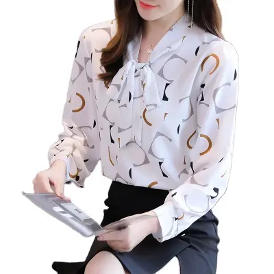 2021 new ladies blouse chiffon bowknot long sleeve tops print fashion women shirts
