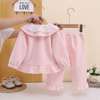 Ensemble décontracté 2 pièces pour bébé fille, col Peter Pan en dentelle, veste florale 3D, pantalon à volants, ensembles de mode printemps pour enfants