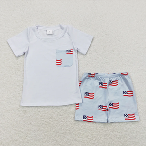 Tenues 2 couleurs pour bébés garçons frères : chemises à poches et shorts à motifs drapeaux du 4 juillet - Product Image 6