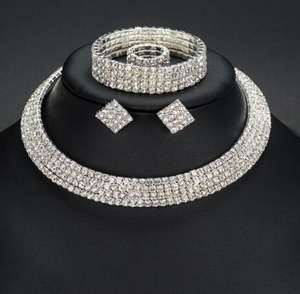 WN387 <span class=keywords><strong>Set</strong></span> di gioielli di strass da sposa di alta qualità Multi fila di strass <span class=keywords><strong>girocollo</strong></span> collana orecchini bracciale anello <span class=keywords><strong>Set</strong></span> - Product Image 1