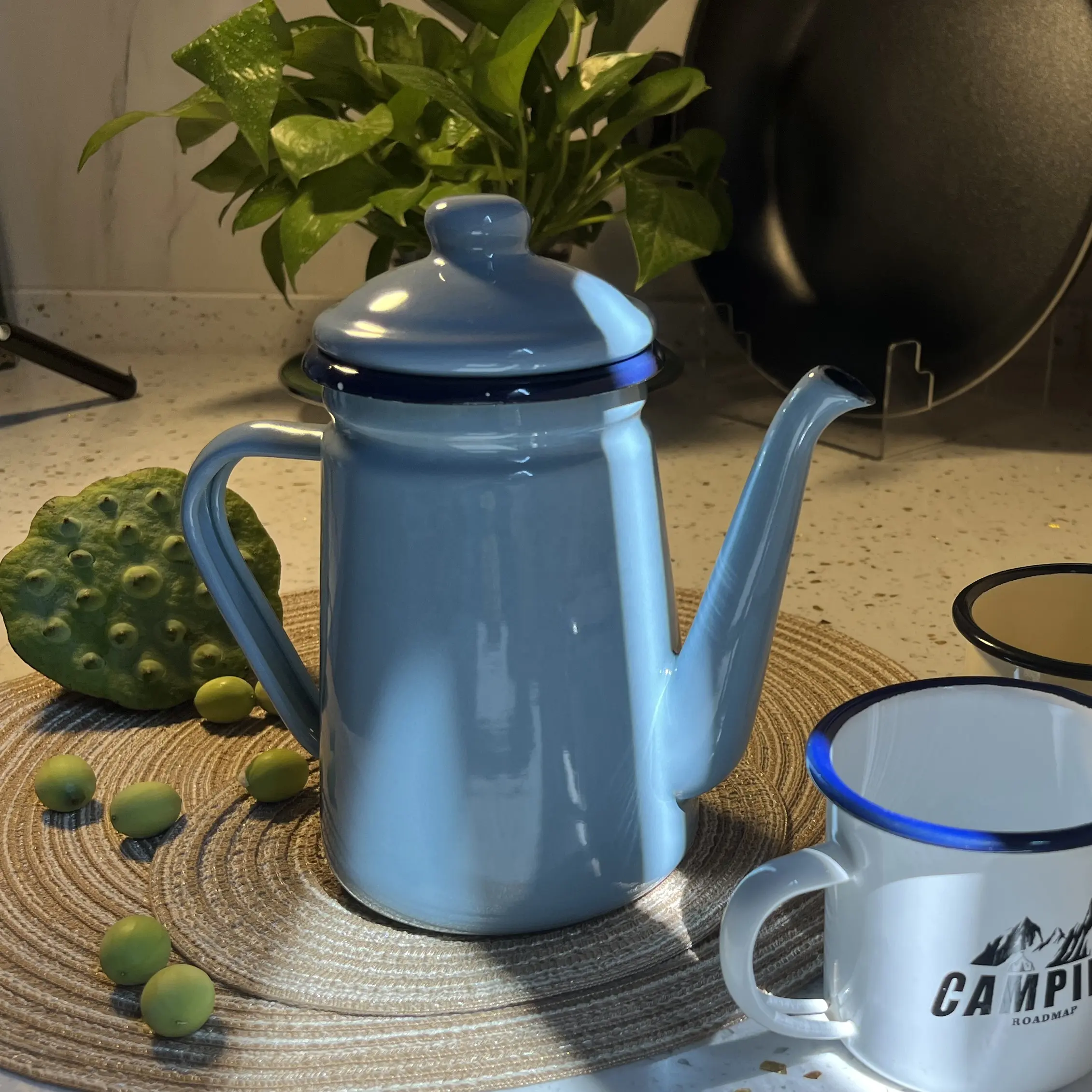 1.0L Grote Capaciteit Emaille Carbon Staal Custom Kleurendruk Koffie Waterkoker Koffie Pot Koud Water Ketel