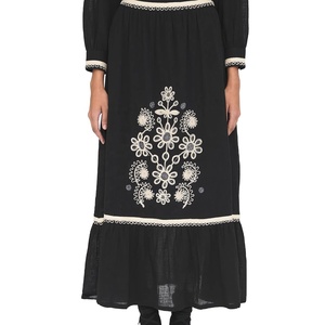 Jupe mi-longue pour femme, style vintage français, broderie unie, respirante, 100% coton, élégante, haut de gamme, design polyvalent - Product Image 1