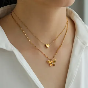 Perhiasan Minimalis 18K Lapis Emas Baja Nirkarat Lapisan Ganda Rantai Hati Berongga Liontin Kalung Kupu-kupu