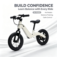 Nouveau vélo d'équilibre électrique pour enfants, cadre en alliage d'aluminium, double frein à disque, roues de 12 pouces, suspension intégrale, commande intelligente