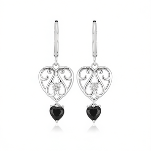 Boucles d'oreilles tibétaines en argent avec pierre noire et diamant, motif cœur, « l'amour est vrai, rien d'autre », bijoux de mariage pour femmes - Product Image 1