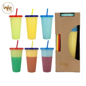 Tazas de café de agua fría y fría reutilizables, tazas de plástico de viaje con tapas y pajitas, color cambiante, 24OZ, 680ml