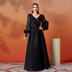 Luxo Black Evening Maxi Vestidos Mulheres Manga Longa V Neck Gown Formal Party Dress <span class=keywords><strong>Prom</strong></span> Wedding Outfit Ladies Fashion Clothing - Product Image 5