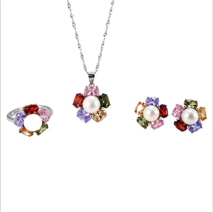 Fashionable temperament 925 sterling silver set inlaid colorful zirconium freshwater pearl necklace set jewelry