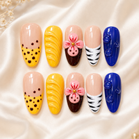 Ongles Press-On 3D Fleur Faits Main de Luxe Premium, Motif Pois d'Été, Imprimé Léopard, Pointe Zèbre, Faux Ongles Français Personnalisés en Gros