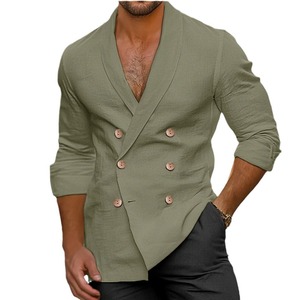 Nouvelle <span class=keywords><strong>chemise</strong></span> à manches longues et double boutonnage de couleur unie pour hommes, haut à <span class=keywords><strong>col</strong></span> châle à la mode - Product Image 1