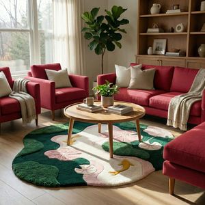 Hand Tufted Moss Yellow Koi Wool Rug with Pink Floral <b>Pond</b> Artwork and Irregular Design for Living Room Bedroom Nursery Kids - Product Image 5