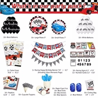 Ensemble de décorations pour fête d'anniversaire sur le thème des voitures de course - Fournitures tout-en-un sur le thème des courses avec drapeau à carreaux pour garçons, enfants, événements sur le thème automobile