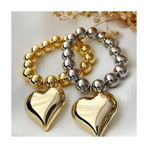 exaggerate 10mm copper beads beaded heart charm bracelet with 18k gold 925 silver plated women luxury bracelet