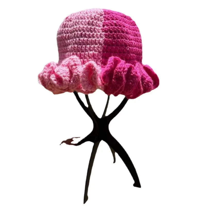 Fashionable Cross Border New Crochet Pleated Brimmed Hat Stylish Ruffle Brim Woolen Hat