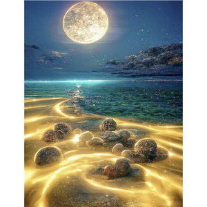 Golden Sea Beach Moon Night Landscapes DIY Diamond Painting <strong>Round</strong> Drill 35x45cm Eco <strong>Canvas</strong> Printed Fabric Kits for Adults - Product Image 1