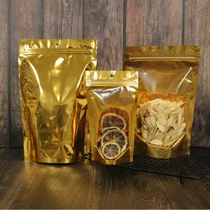 Plastic Gold Metallic Mylar Stand Up Pouches Aluminum Foil Ziplock Bag For Package