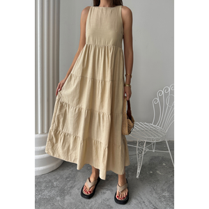 Vestido Largo sin Mangas de Lino Beige, Vestido Casual de Verano con Volantes, Talla S para Mujer - Product Image 4