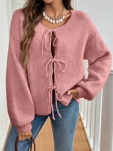 Cárdigan Casual para Mujer de Otoño Invierno en Color Sólido de Algodón Tejido con Mangas Abullonadas y Cierre de Cinturón con Logotipo Frontal de Corte Holgado - Product Image 4