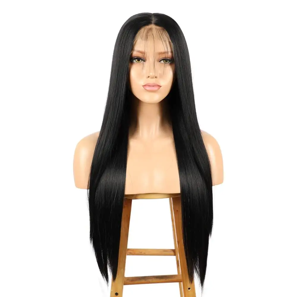 13x3 and 13x6 Black Synthetic Front Lace Wig 22inch Long Straight Pre Plucked with Natural Hairline and Baby Hair