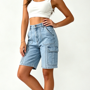 Shorts en jean <span class=keywords><strong>cargo</strong></span> taille haute pour femmes, coupe ample et large, longueur genou, style utilitaire, extensibles, vente en gros - Product Image 1