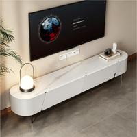 Meuble TV d'angle incurvé de luxe léger, meuble TV moderne en dalle de roche blanche, pieds en métal, console de rangement minimaliste pour salon